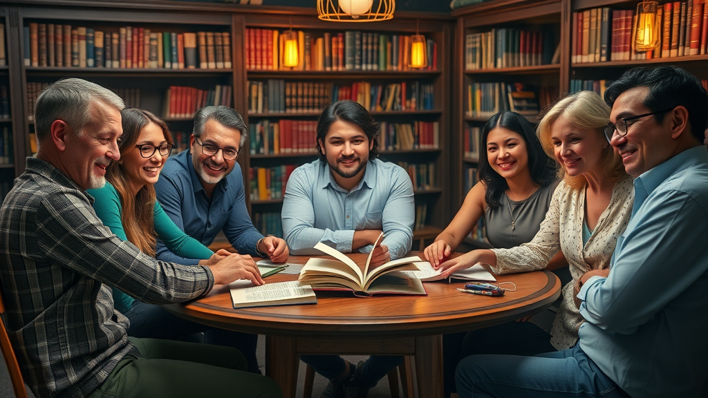 Diverse adults collaborating on a personal development project in a magical, library setting filled with glowing books, symbolizing teamwork in self development.