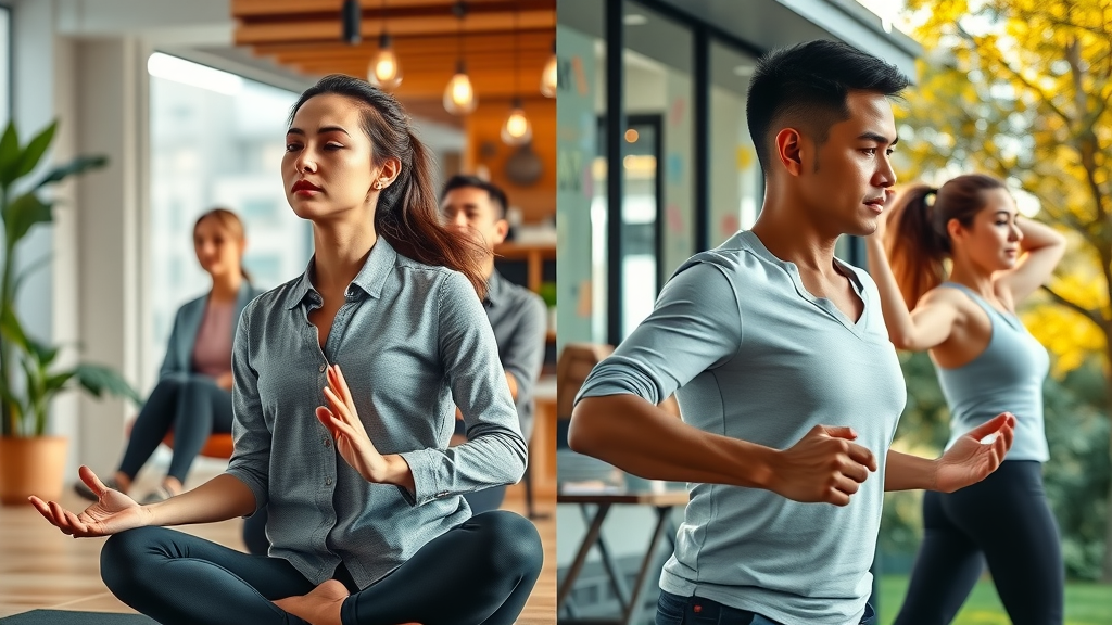 Collage of four individuals each representing a different type of self development: meditating, working, supporting a friend, and exercising in diverse settings.