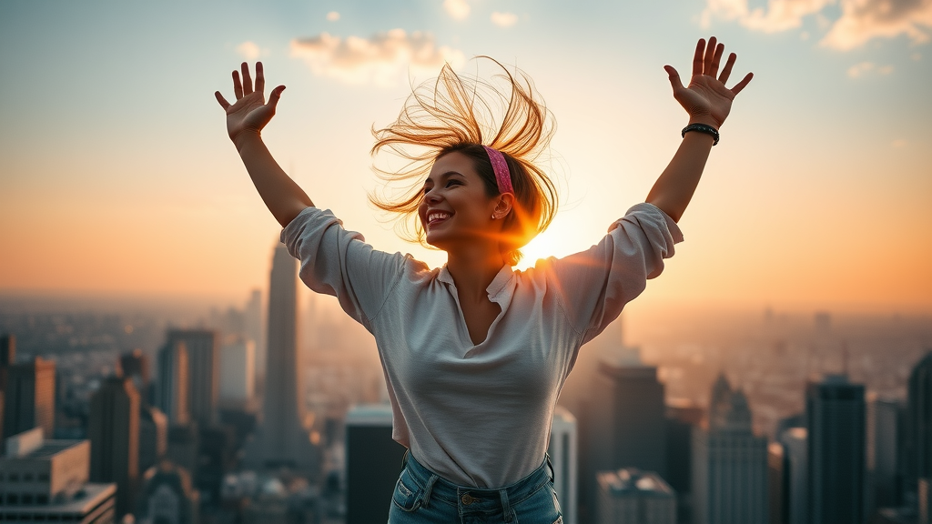 Joyful person celebrates life coaching success arms raised atop city skyline at sunrise