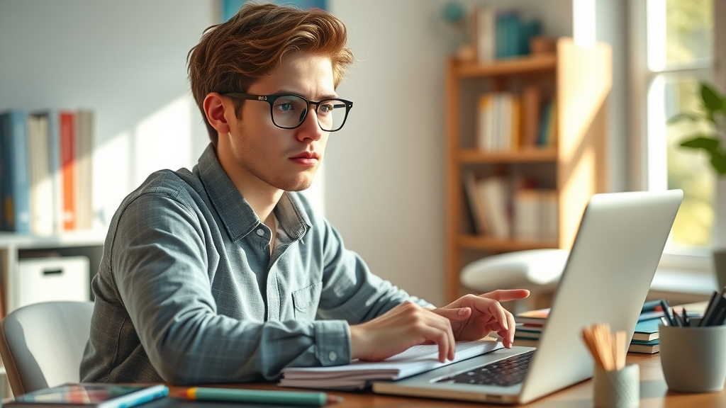 Determined adult studying for life coach certification at a desk in a sunny home office, focused on growth
