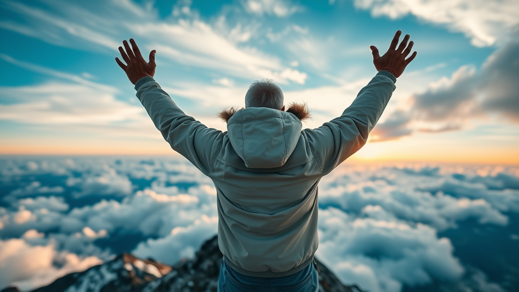 victorious adult reaching the summit after a successful growth journey using self improvement techniques