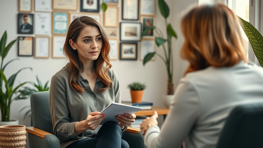 Thoughtful woman considering life coaching as she discusses career options with a professional coach in a certification-filled office