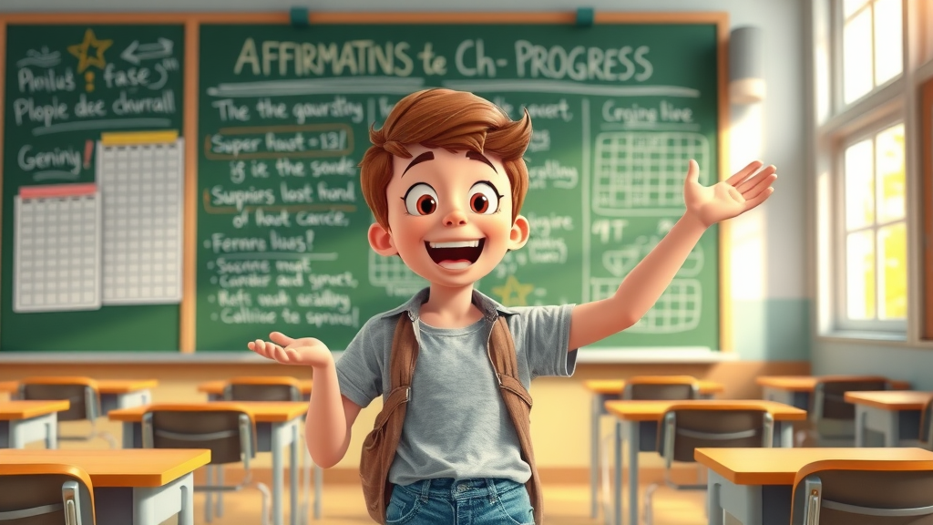Inspired teenager in classroom with affirmations and progress charts, illustrating the growth mindset concept in self development.
