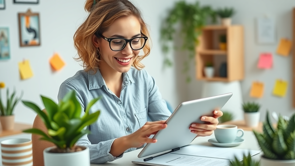 Focused woman with an optimistic expression organizing a personal growth plan on a digital tablet in a modern, plant-filled workspace.