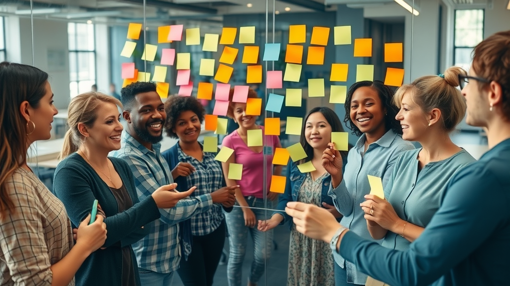 Life coaching group session with diverse individuals brainstorming ideas using colorful sticky notes in a vibrant creative workspace
