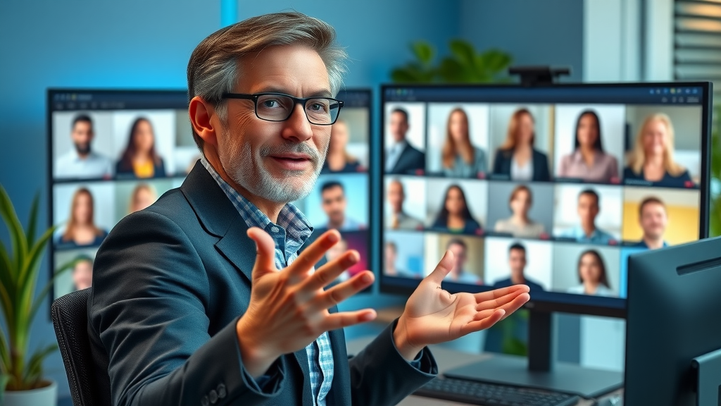 Professional life coach hosting a virtual seminar for a diverse group, growing a modern coaching business