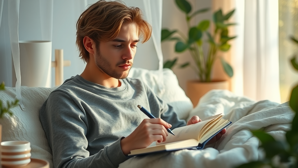 Reflective person journaling about self development in a cozy, plant-filled space with soft sunlight, illustrating intentional self growth.