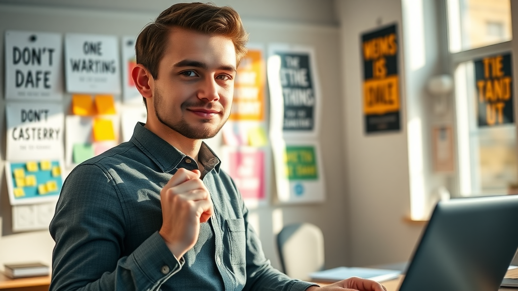 Confident young professional creating goals on a vision board in a sunlit office, representing the five points of personal development and self development.