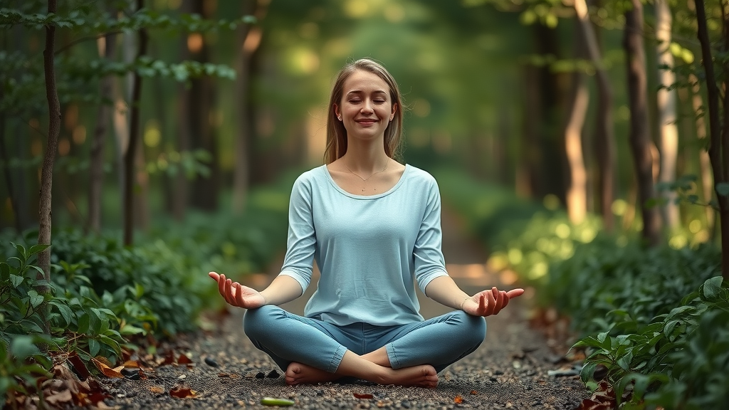 woman meditates in nature practicing mindfulness meditation for emotional balance and personal growth