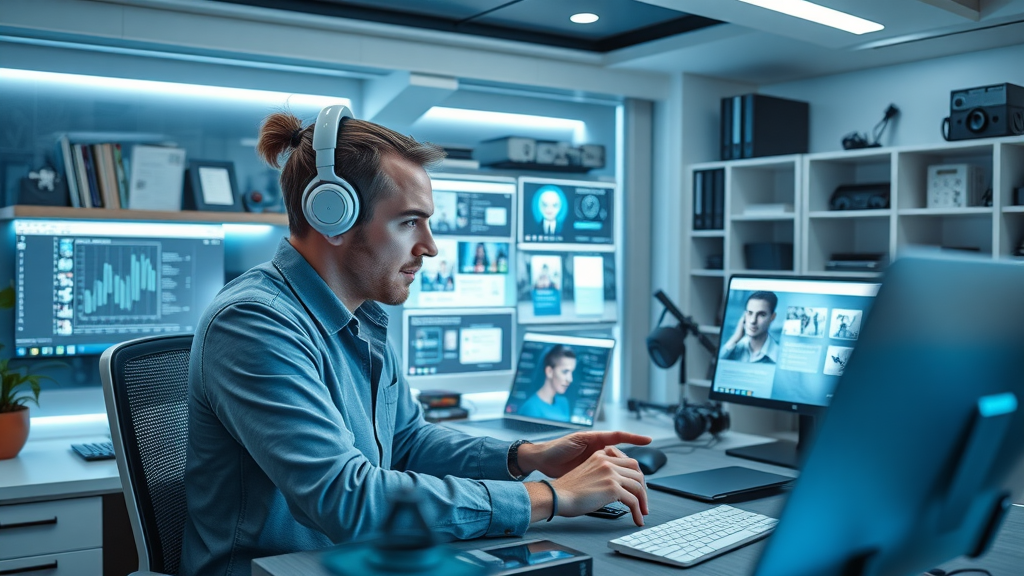 Futuristic workspace with digital devices and holographic screens, demonstrating use of self development books, apps, and resources.