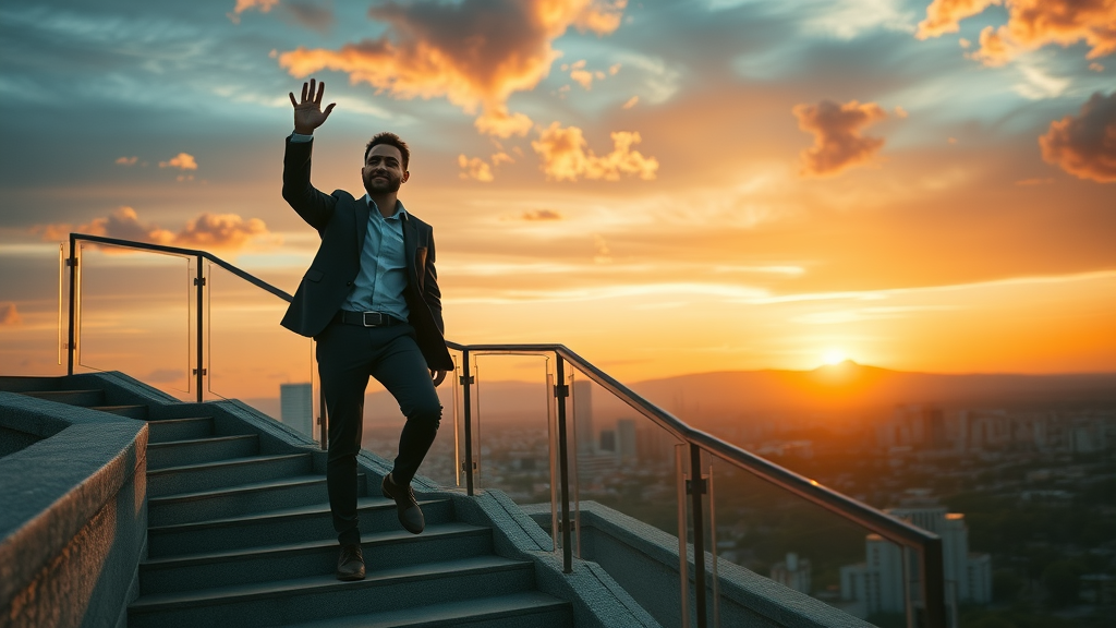 Accomplished person climbing a staircase toward sunrise, symbolizing the self development journey and lasting success.