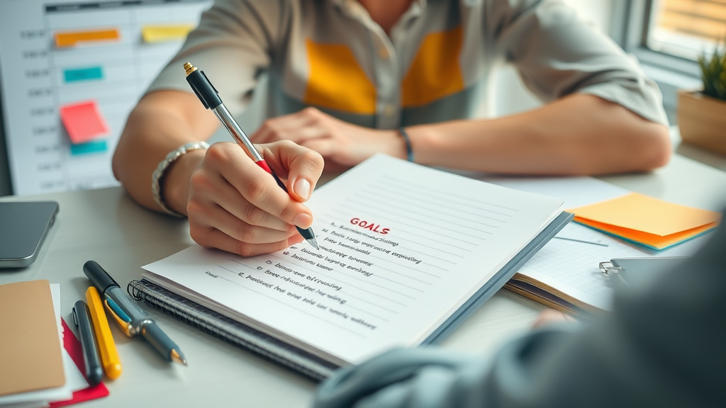 hands writing SMART goals and personal development plan at an organized workspace with schedule and sticky notes