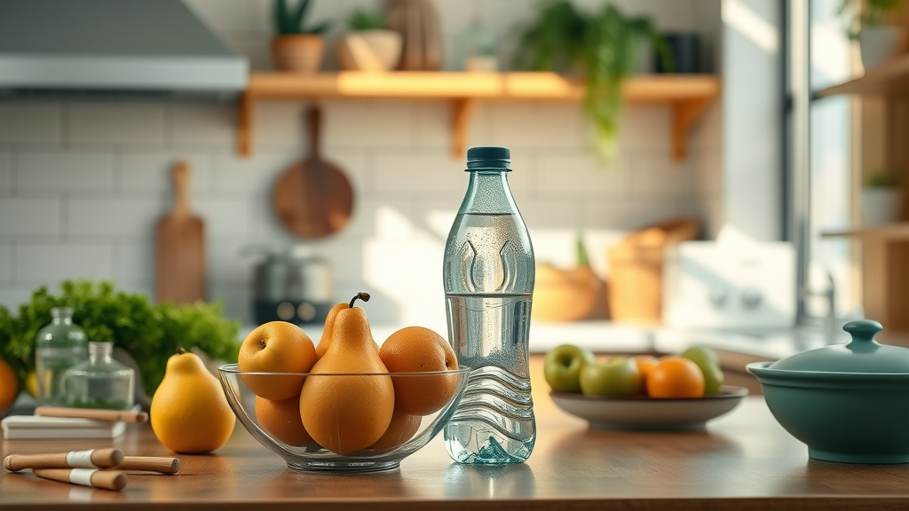 organized kitchen counter with fruit bowl and water bottle, designing environment for healthy habits