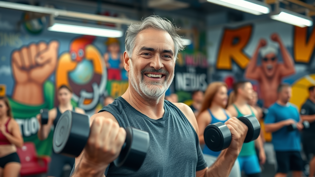 confident middle-aged man lifting weights in vibrant group workout as case study for healthy habit formation
