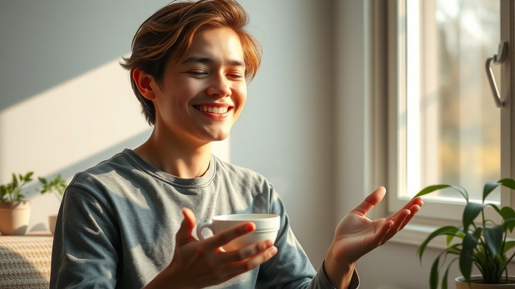 Individual practicing morning affirmations and meditation for daily confidence building in a sunlit room