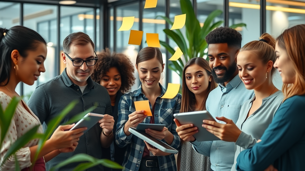 Diverse group collaborating on setting personal development goals in a creative workspace with plants and digital tablets.
