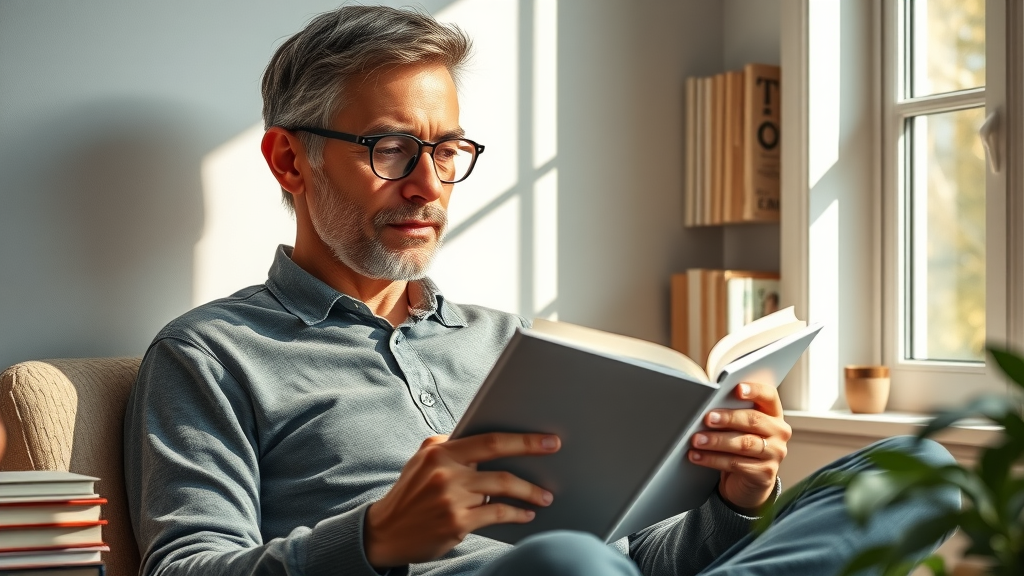 Inspired lifelong learner reading a new book with a digital tablet and coffee in a cozy reading nook.