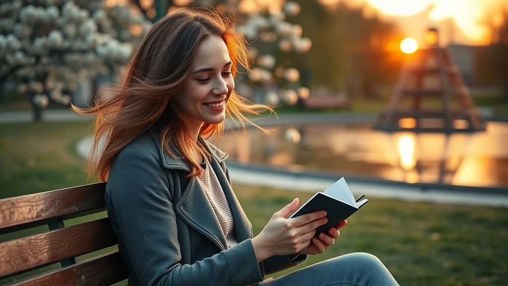 Reflective adult journaling personal development achievements at sunset in a tranquil park setting.