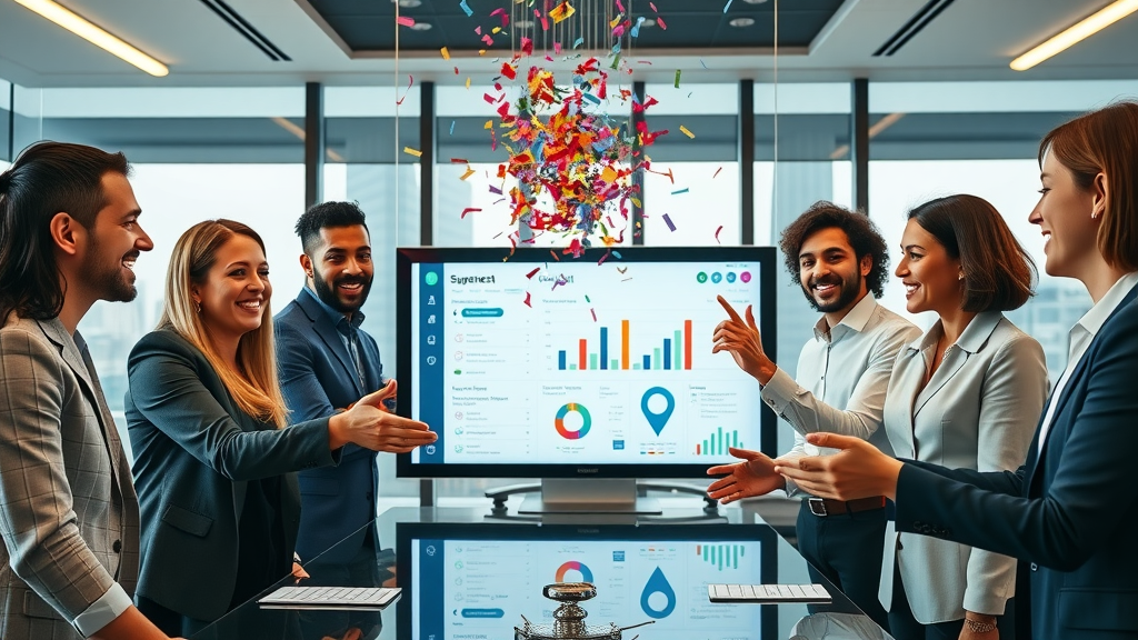 goal achievement strategies diverse business team celebrating successful project dashboard city skyline