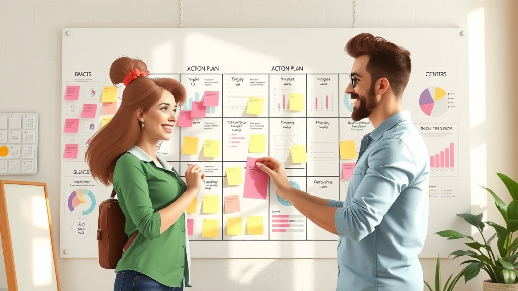 goal achievement strategies action plan collaborative team wall board charts post-its tracking progress creative studio