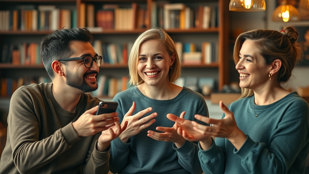 Three people representing curiosity, courage, and compassion, demonstrating mindful awareness and friendly discussion in a cozy coffee shop