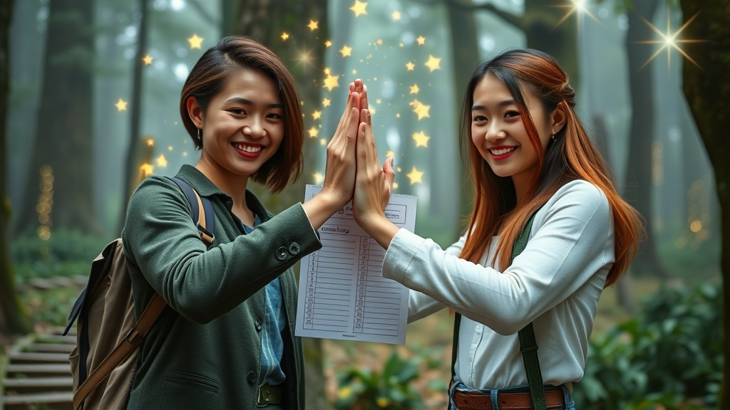 goal achievement strategies supportive friends high five tracking sheet fantasy forest glowing rewards encouragement