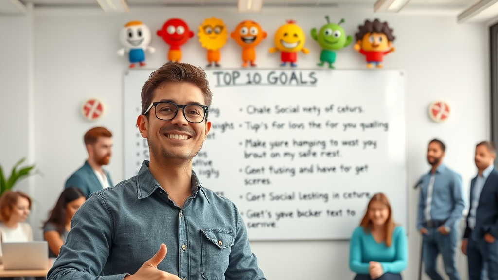 Confident adult presenting the top 10 personal development goals to change your life in a bright, collaborative office.