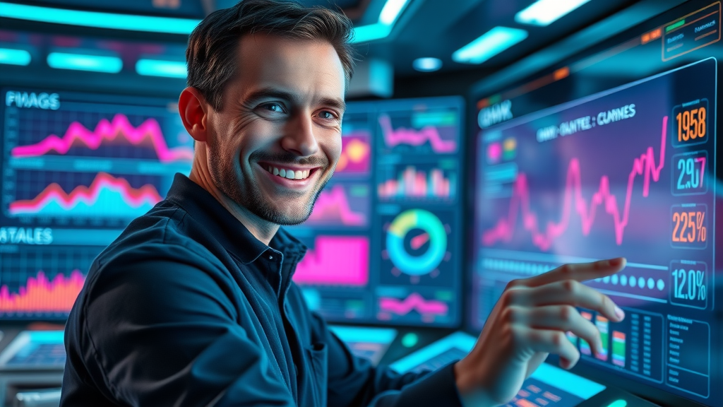 goal achievement strategies digital progress dashboard colorful graphs futuristic control room neon lighting