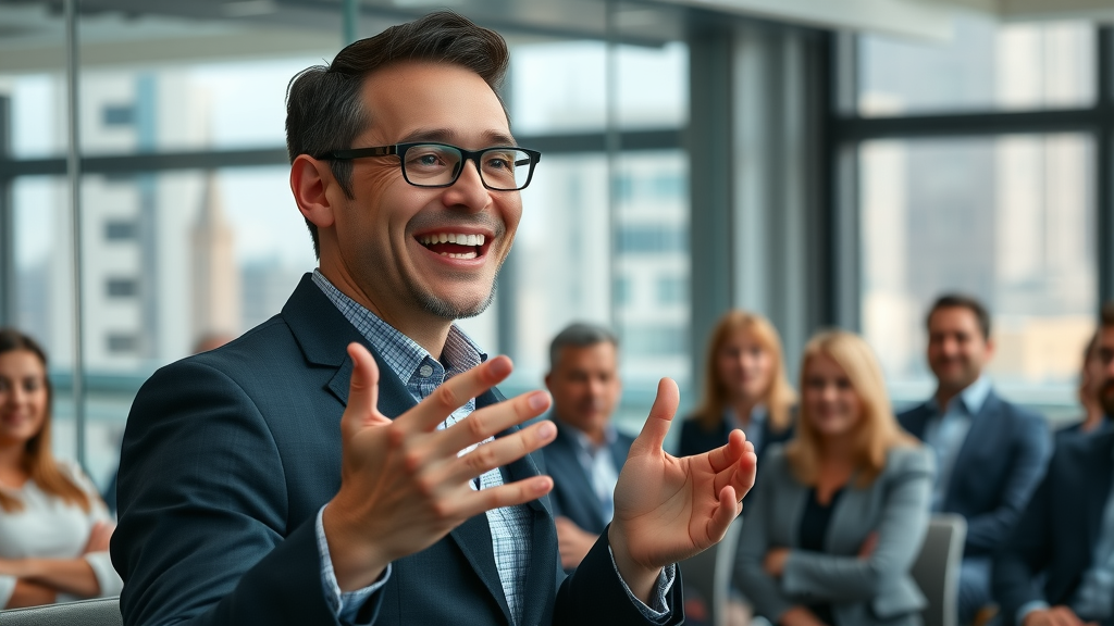 Motivated individual improving communication skills by speaking confidently to a supportive audience in a conference room.