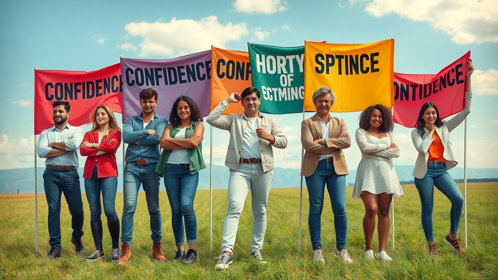 Diverse group of people exemplifying the seven types of confidence through various activities and confident body language