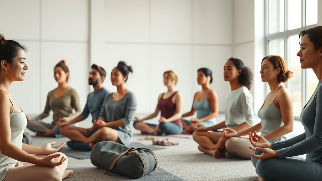 Diverse group practicing group meditation in a zen studio, peaceful expressions focusing on mindfulness and self awareness