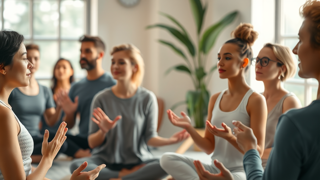 Diverse group practicing mindful breathing indoors, focused on mindfulness and self awareness, in a wellness studio with natural light