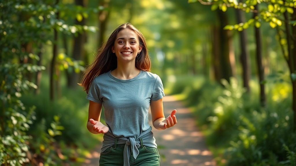 Young woman practicing mindful walking in nature, demonstrating mindfulness and self awareness in everyday life