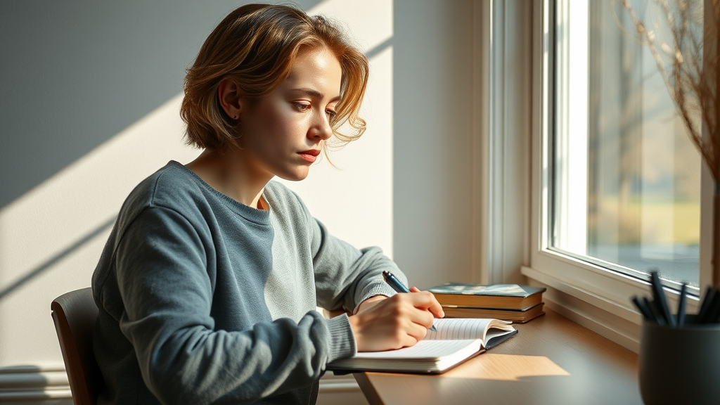 Calm person journaling by a window, increasing self awareness and mindfulness for personal growth
