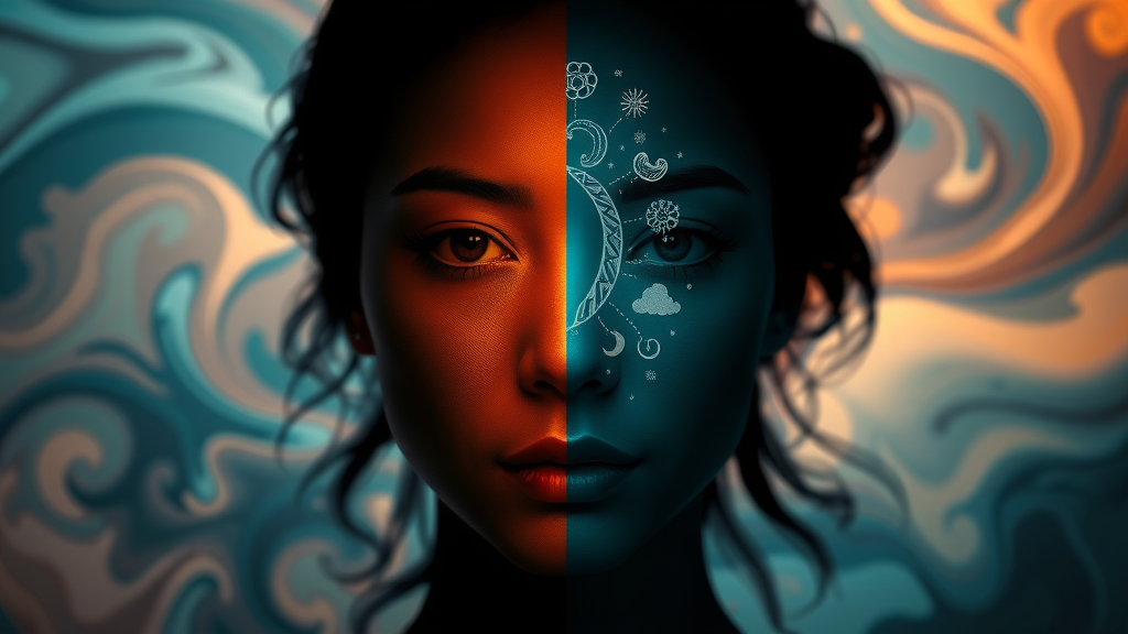 Artistic conceptual split-face showing different facets of self awareness, illustrating mindfulness and enhanced awareness