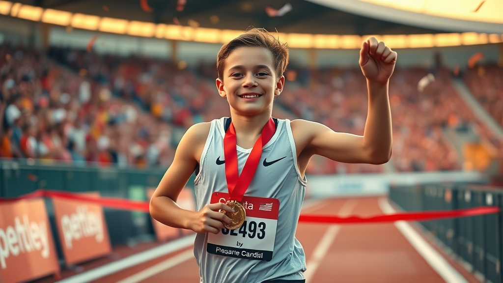 goal achievement strategies young athlete medal finish line celebration outdoor stadium crowd victory