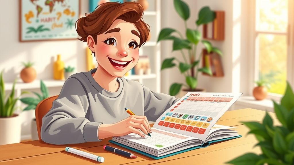 smiling young adult updating colorful habit tracker journal at dining table, habit formation tracking, healthy habits