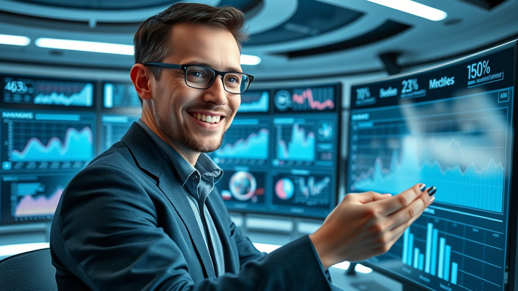 Ambitious professional reviewing personal development plan milestones on an ultra-modern digital dashboard with holographics.