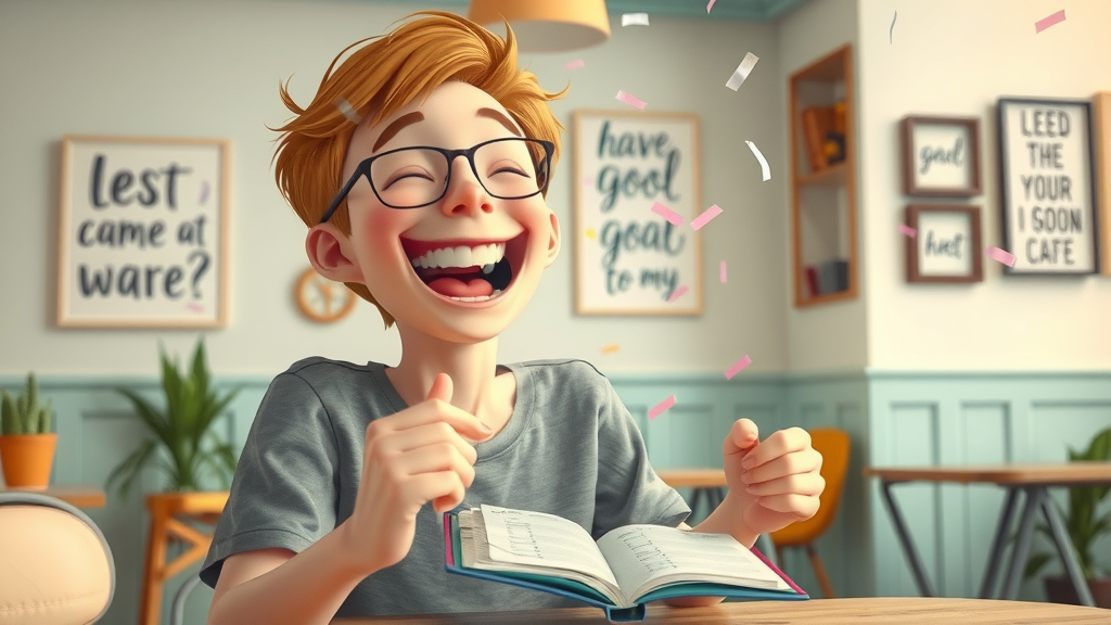 Joyful person celebrating by checking off personal development goals in a cozy cafe with floating confetti.