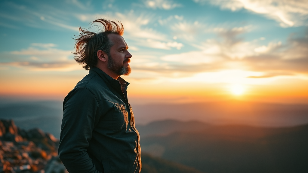 Inspiring leader reflecting on personal development atop a sunrise-lit mountain peak.