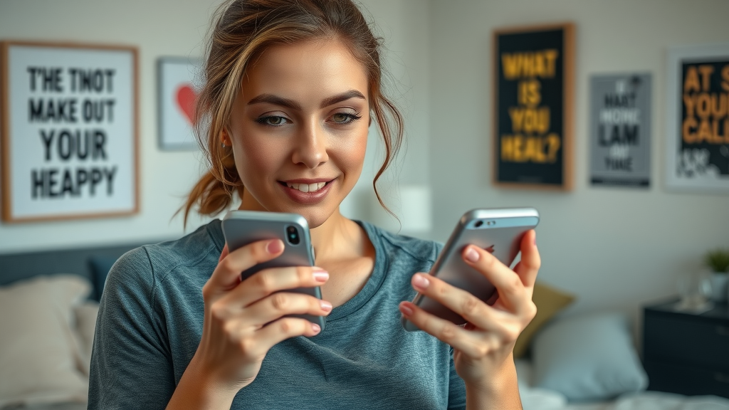 motivated woman setting alarm on phone for morning exercise, healthy habit cue