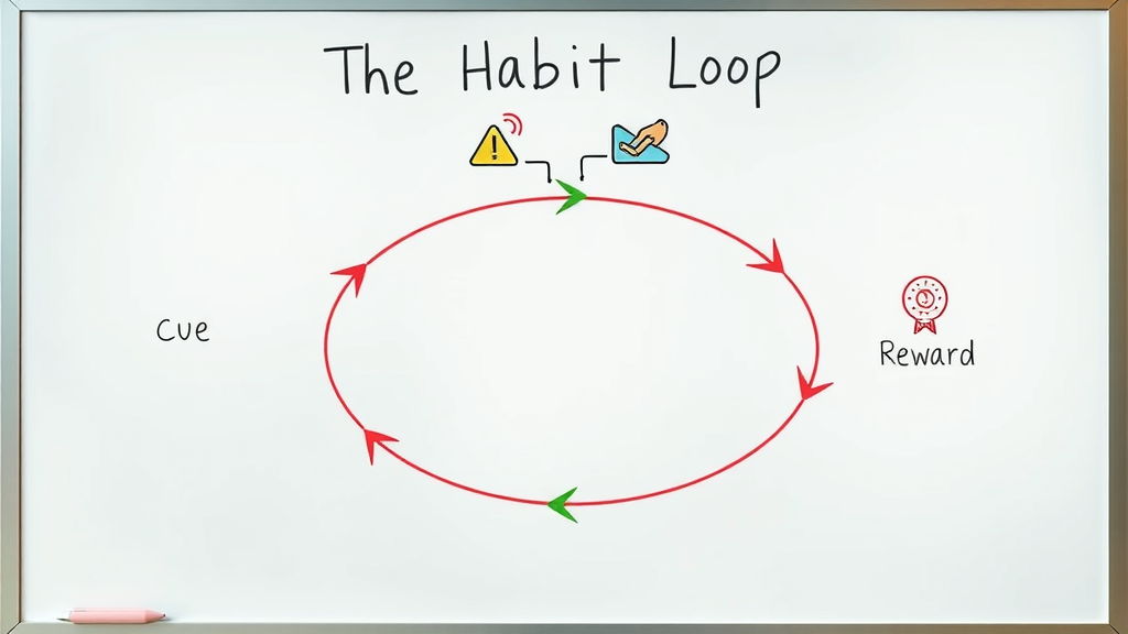 educational infographic illustrating habit loop with cue, routine, and reward, colorful digital icons, habit loop
