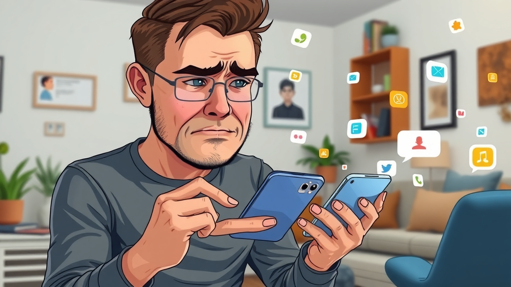 Pensive man facing technology distractions, struggling to focus on mindfulness and self awareness amidst modern living room clutter