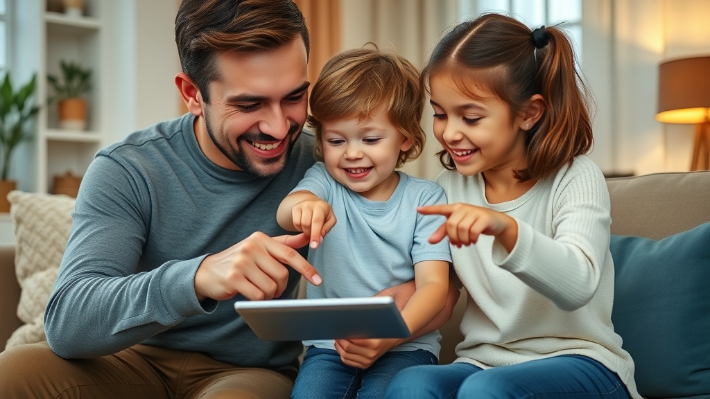 modern family collaboratively using a habit tracker app together in living room, healthy habit formation technology
