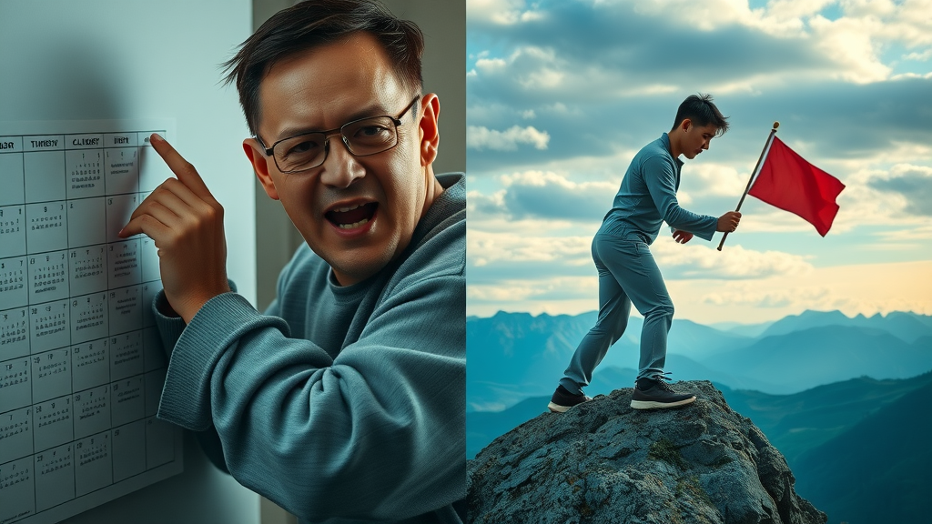 goal achievement strategies short-term vs long-term calendar and mountain flag achievement contrasting background