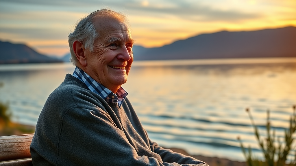 Elderly person reflecting peacefully by a scenic lake, illustrating transformation through mindfulness and self awareness
