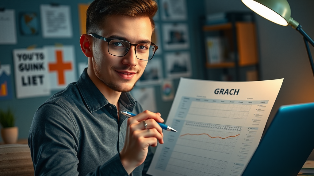 Young professional tracking confidence building goals and celebrating achievement in a modern workspace