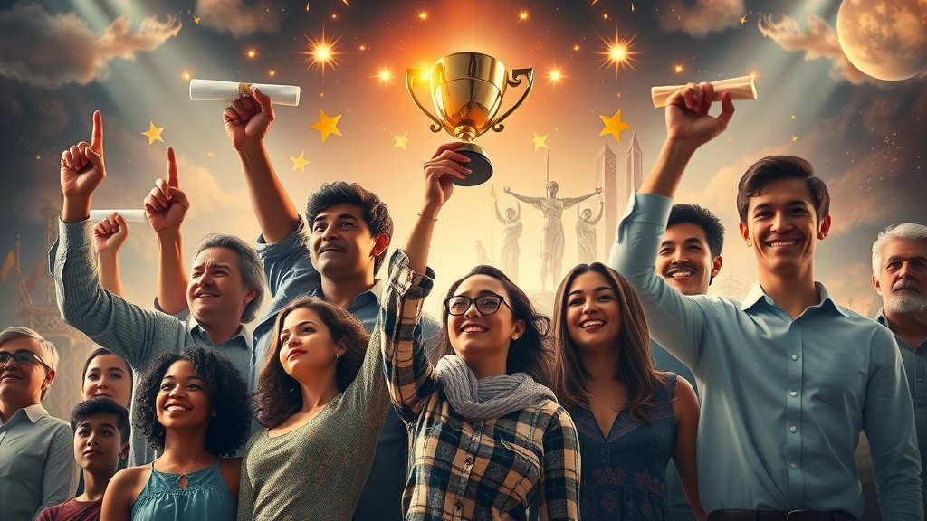 inspiring scenes of people from diverse backgrounds achieving unique goals for goal setting for success in a dynamic montage