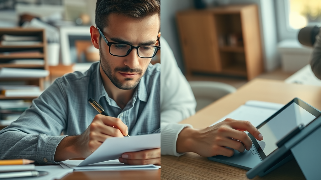 split-scene showing traditional paper planning and a user transitioning to digital goal tracking app workspace