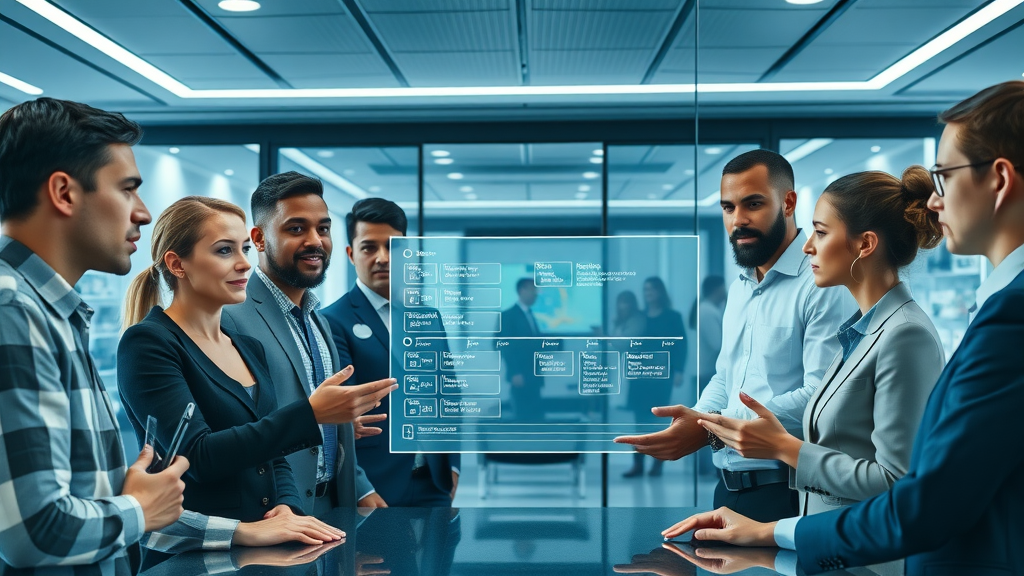 Team collaborating over strategic milestones and timelines, linking short term actions with long term vision in a futuristic conference room.